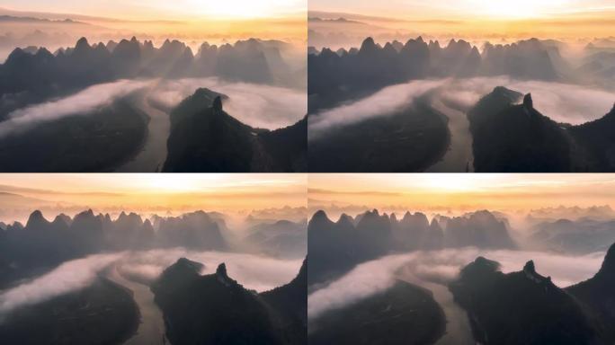 漓江穿过桂林喀斯特峰林，这是一幅美丽的图画