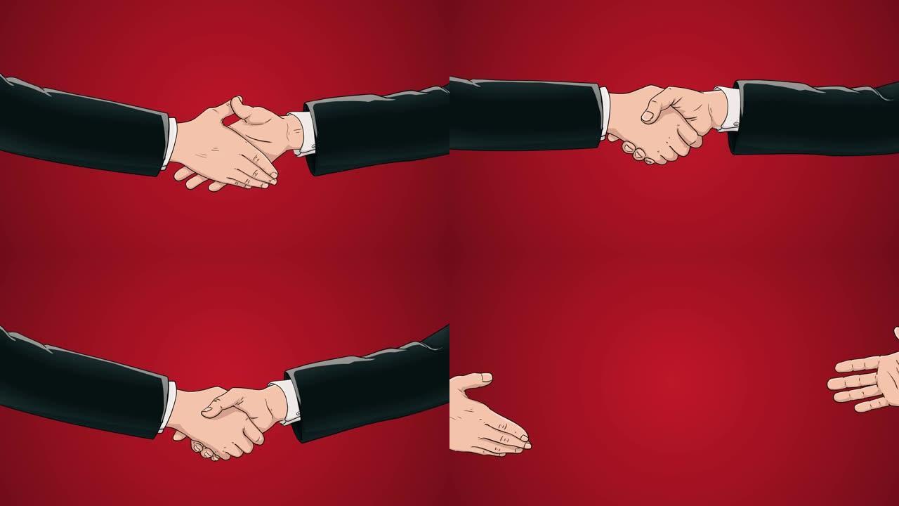 两个商人在红色背景前合作。握手的概念、商业协议、政治、会议、国际友谊关系、外交官握手、和平贸易政策
