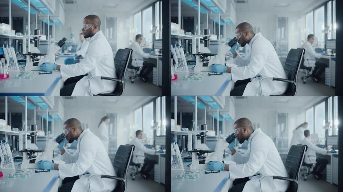 医学发展实验室: 黑人男性科学家在显微镜下观察，分析培养皿样本的肖像。在高级科学实验室从事研究的专业