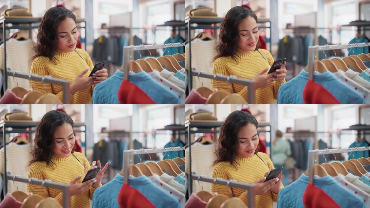 美丽的微笑女性顾客在服装店购物，使用智能手机，在线浏览，在互联网上比较，选择时尚的衣服。时尚商店，多