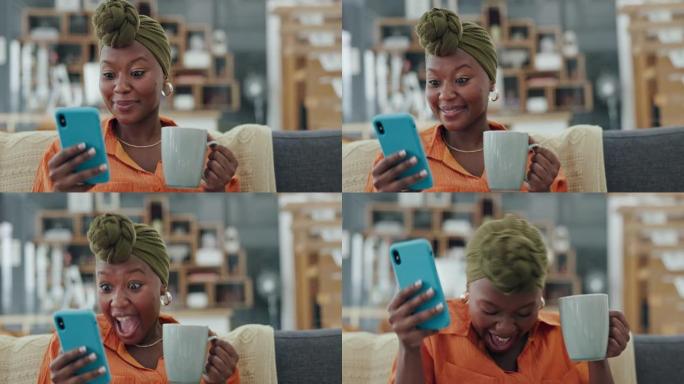 在加纳的一个现代公寓里，快乐的黑人女性，智能手机和短信从手机新闻交流中兴奋起来。女人，打电话聊天，大