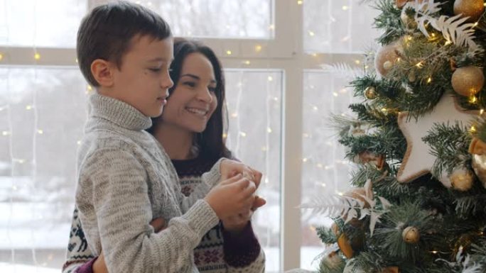 母亲和小儿子在圣诞树上挂球，在公寓里聊天
