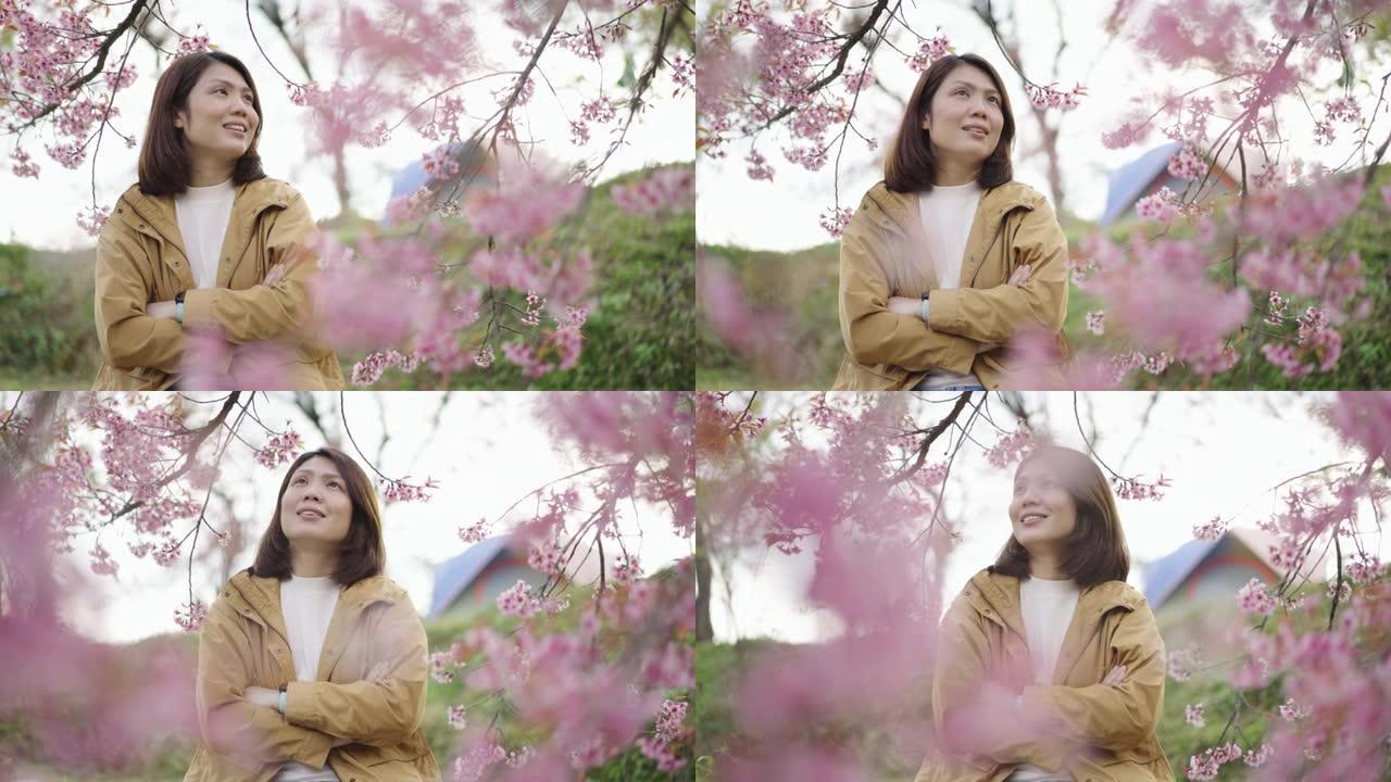 女人在大自然中放松，盛开的樱花，积极的情感