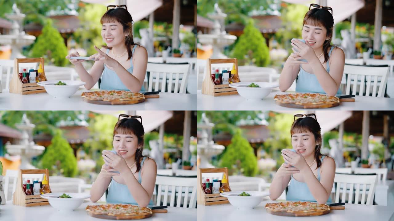 食物博主拍摄披萨的照片，并在她的社交媒体上分享。