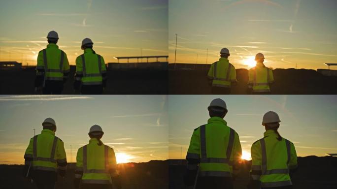 SLO MO两名身穿反光服装的工程师在日落时在球场上行走