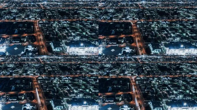 T/L ZI住宅区夜间鸟瞰图/迪拜，阿联酋