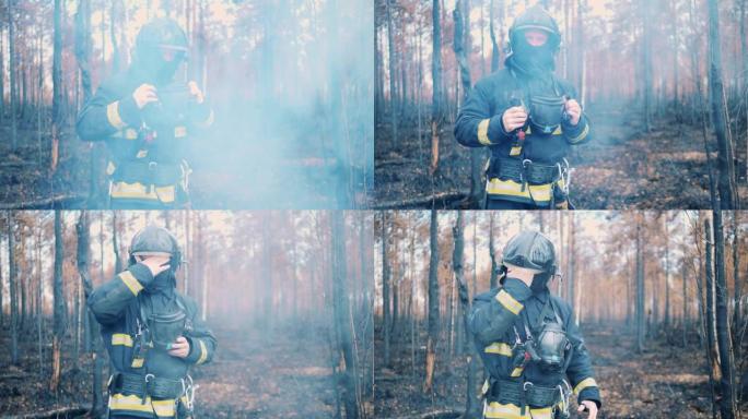 一名消防员站在被烧毁的森林里。消防员，消防员，森林火灾概念。