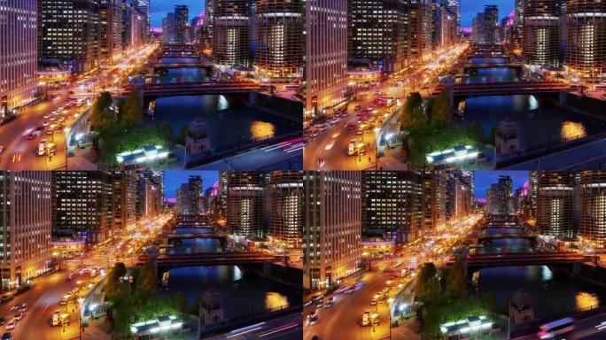 芝加哥金融区的空中夜景。