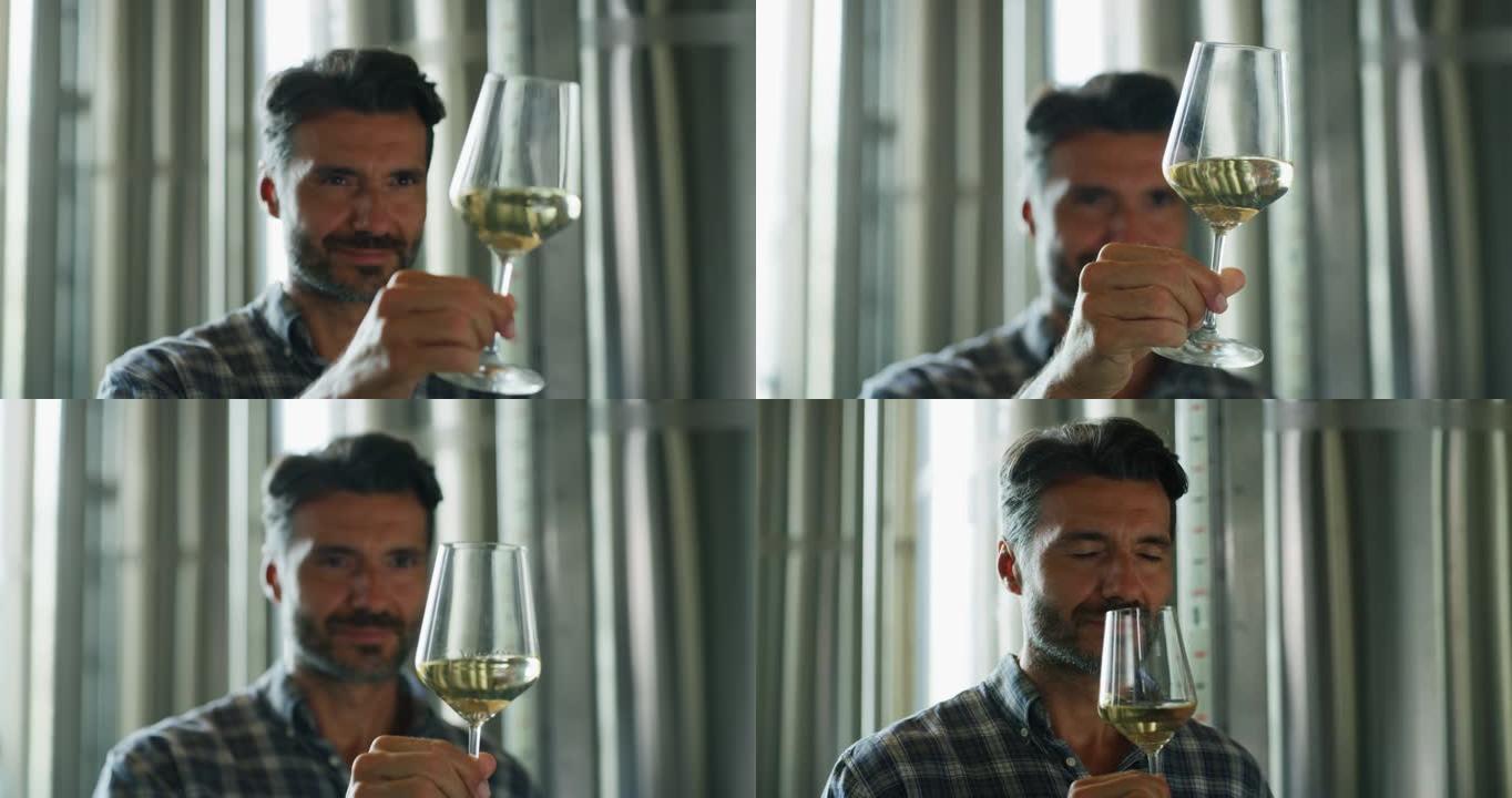 成功成功的男性酿酒师的真实照片正在品尝一种风味，并检查倒入酒窖透明玻璃杯中的白葡萄酒质量。