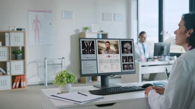 女专业医生正在通过台式计算机，网络摄像头与白人男子进行在线约会。经验丰富的医护人员进行诊断，共享CA