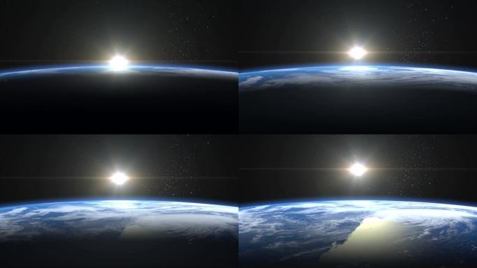 地球上空的日出。从太空看。地球向太阳旋转。体积云。静态相机在80毫米拍摄。星空。4K. 3d渲染。N