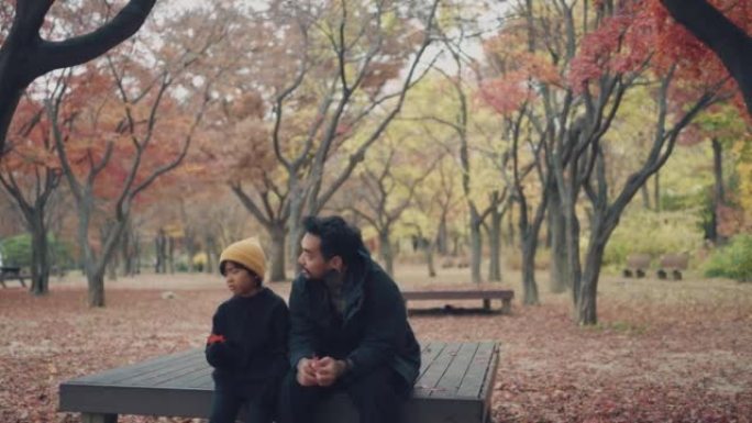 父亲和儿子坐在秋天公园的长凳上