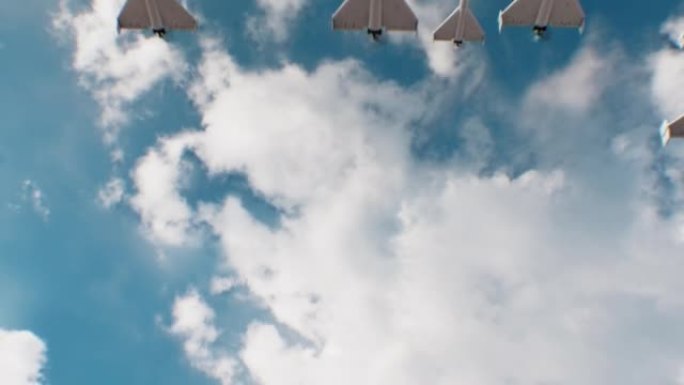 大型军用无人机神风敢死队在天空突袭飞行特写3d动画。战斗无人机天竺葵在云层和绿屏中飞行。现代军用直升