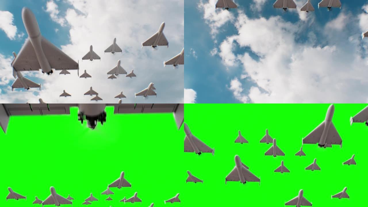 大型军用无人机神风敢死队在天空突袭飞行特写3d动画。战斗无人机天竺葵在云层和绿屏中飞行。现代军用直升