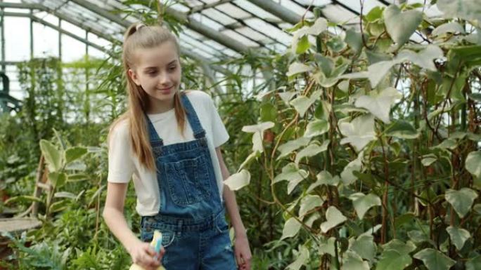 乐于助人的女孩独自在温室里用喷雾瓶浇灌绿色植物