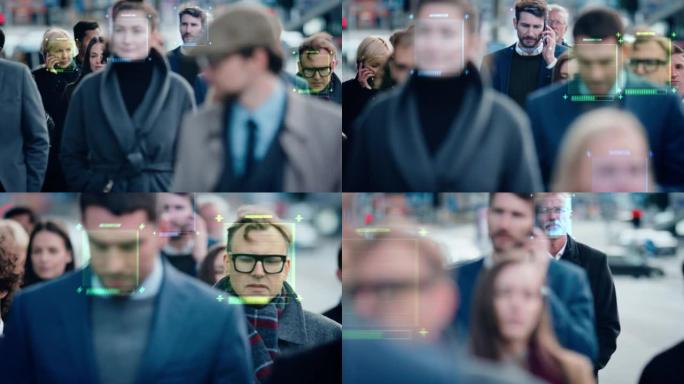 在繁忙的城市街道上行走的技术追踪着一群商人。CCTV AI人脸识别大数据分析界面扫描，显示动画信息。