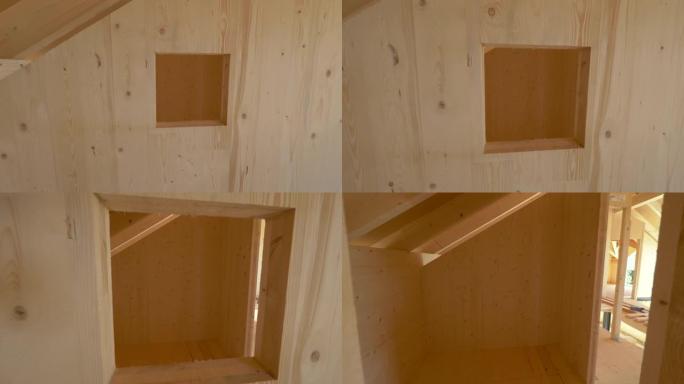 特写: 未完成的胶合层压木材房屋内部的壮丽景色。