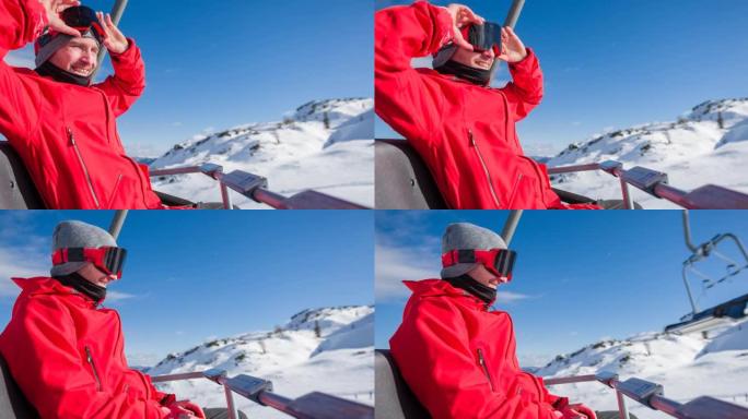 重新调整滑雪护目镜，同时乘坐升降椅浸泡在冬日的阳光下