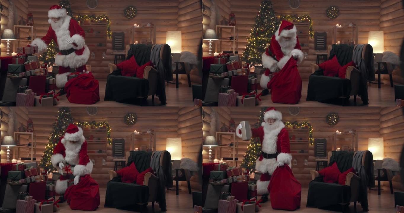 圣诞老人正在将礼物装进他的红色麻袋，在他的办公室里，里面有圣诞节的内饰