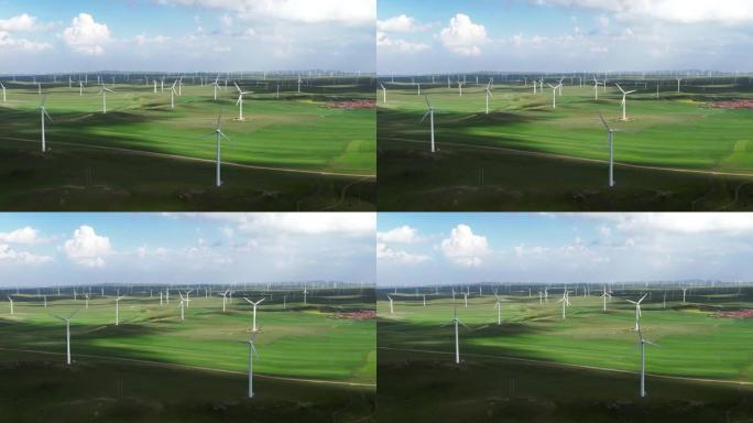 草原上风力发电机场的鸟瞰图