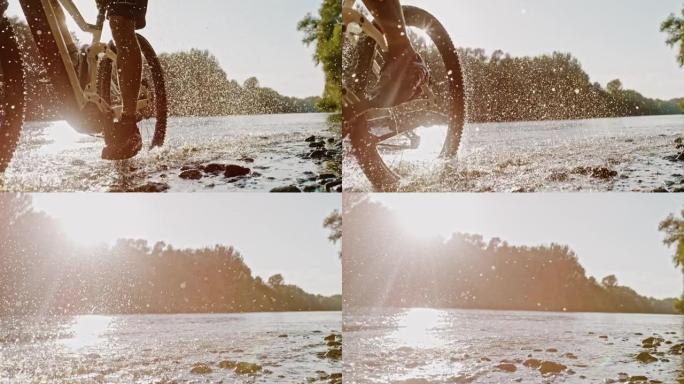山地车手的时间扭曲效应在日落时在河的浅水中骑自行车