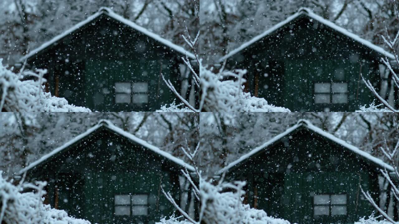 BOKEH: 一场暴风雪覆盖小木屋周围自然的电影镜头。