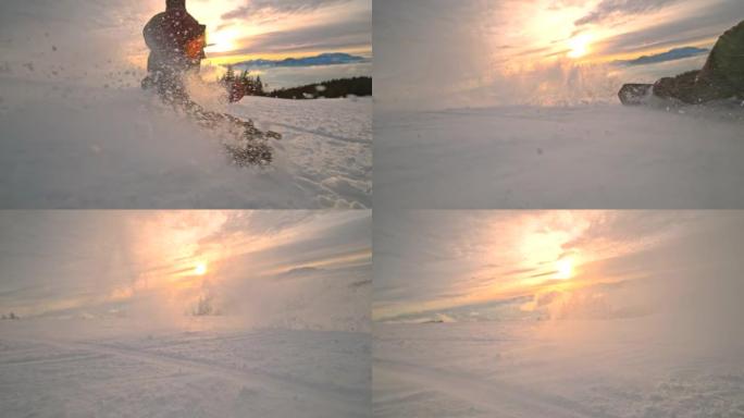 超级SLO MO滑雪者在下坡时喷洒雪