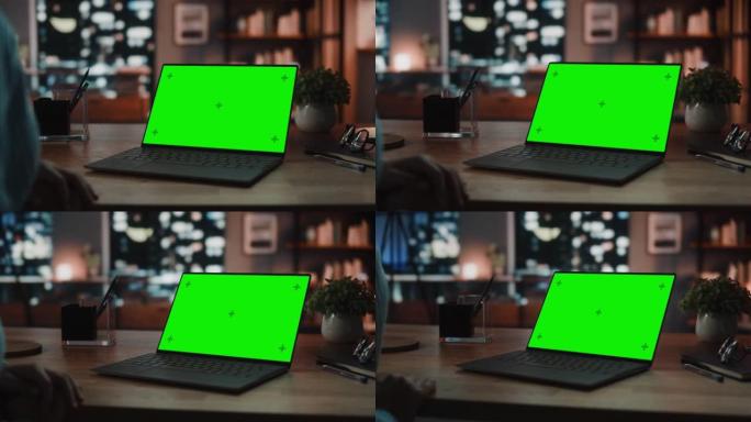 关闭女性专家坐在桌子旁，在家用客厅的绿色屏幕模拟显示的笔记本电脑上进行视频通话。自由职业者在社交网络