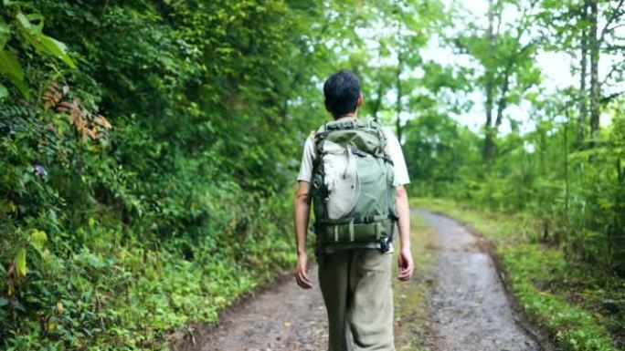 在林道行走的男子的后视图