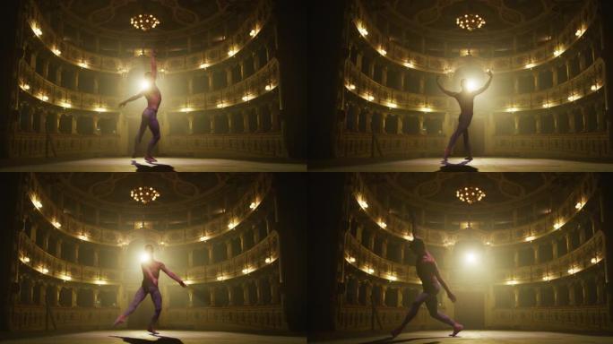 一位年轻的运动古典芭蕾舞男舞者的电影镜头正在演出开始前在经典剧院舞台上进行舞蹈编排，并带有戏剧性的灯
