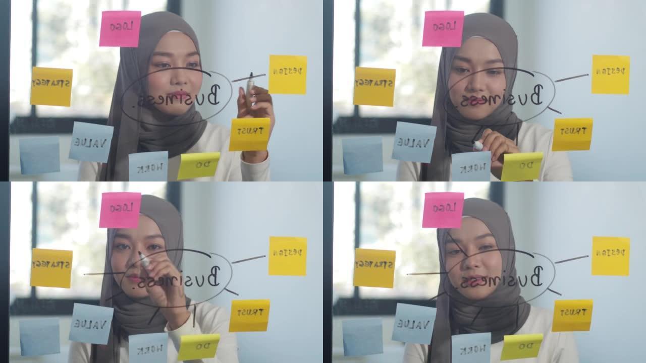 亚洲穆斯林女士在新的正常办公室在玻璃板上写信息，策略，提醒。