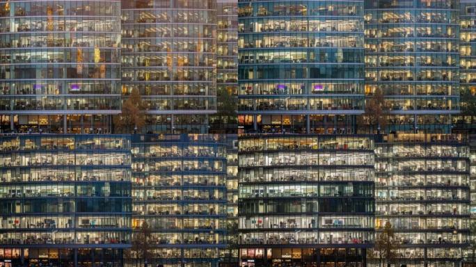 在伦敦办公商务大楼工作和开会的拥挤商务人员的日夜时间流逝
