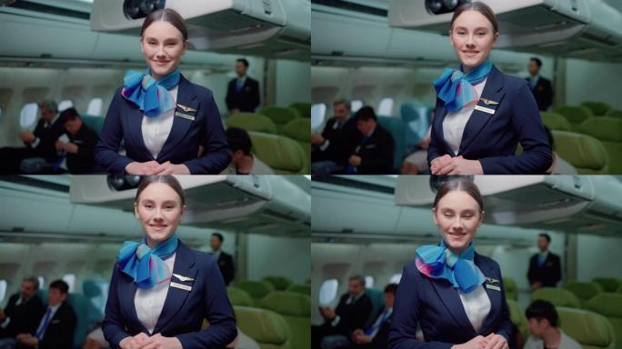 美丽的高加索空姐在飞机上微笑着温暖而热情的微笑。