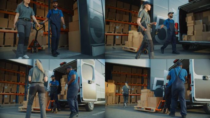 物流配送仓库之外: 多样化的工人团队使用手推车开始用纸箱装载送货卡车，在线订单，电子商务购买。跟踪后