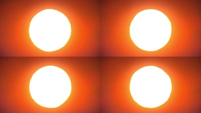 美丽清晰的大日出 (日落) 特写循环动画。巨大的静态橙色炎热的太阳在温暖的空气扭曲地平线上无缝。美丽