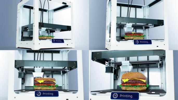 饥饿问题和粮食生产概念。3d打印机打印汉堡插图。未来派自动制作技术3d动画延时。工业业务