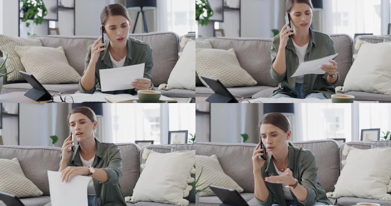 4k视频片段，一名年轻女子在家中阅读文书工作时使用智能手机拨打电话