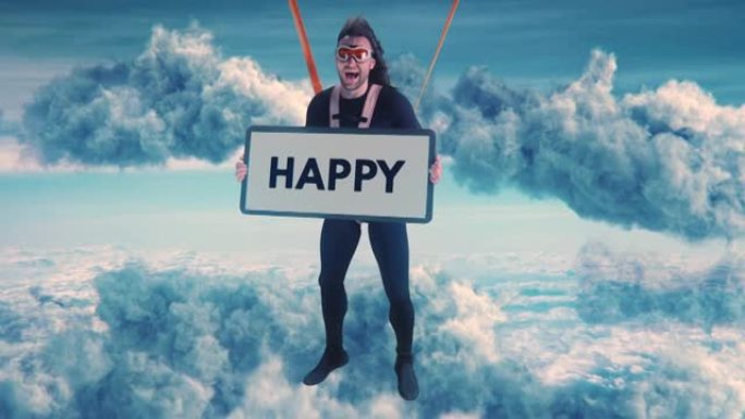 带快乐标语牌的友好跳伞者