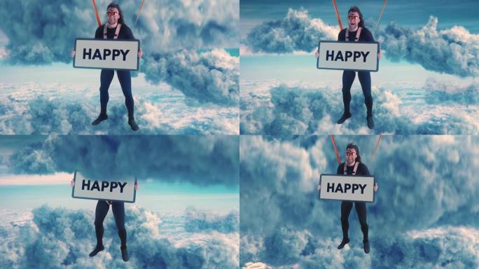 带快乐标语牌的友好跳伞者