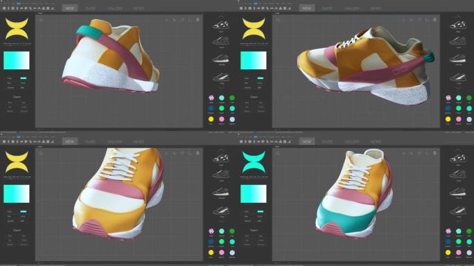 鞋3D设计编辑软件模拟动画与时尚的运动鞋正在创建。具有多个设置窗口的深灰色界面。计算机显示器和笔记本