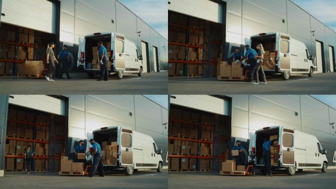 在物流配送仓库之外，经理使用平板电脑，工人开始用纸板箱装载送货卡车。在线订单、采购、电子商务商品。宽