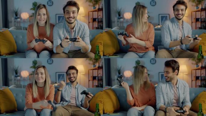 快乐的男人和女人在晚上在公寓里玩电子游戏的肖像