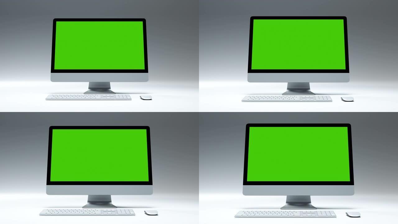 清洁绿屏计算机，用于演示电子商务博客或游戏应用程序。带有色度键的运动监视器，用于广告模型自由职业者网