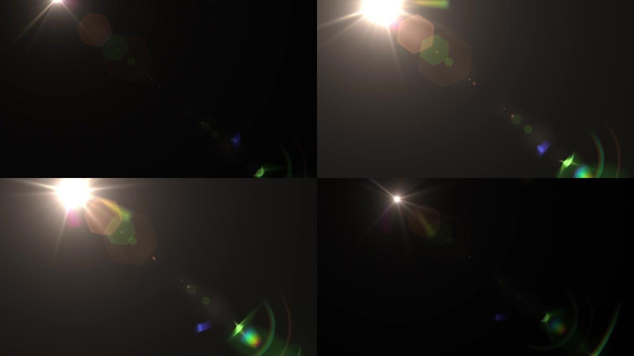 镜头耀斑、光束的动画。聚光灯，星形，形状和黑色背景上的一些光效果。光学透镜光斑，过渡，背景，4k分辨