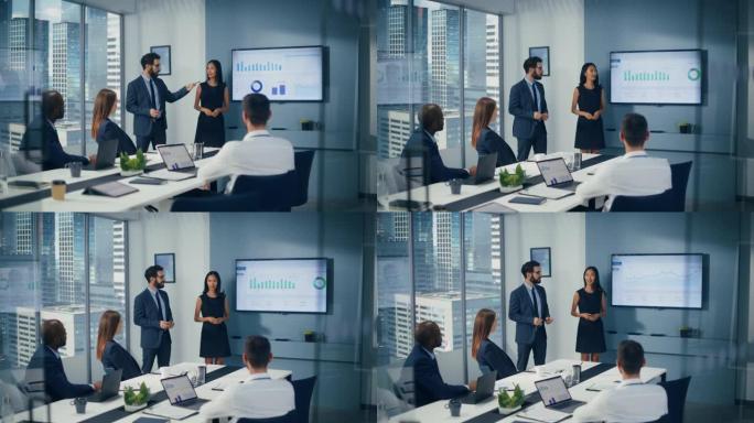 多元化的办公室会议室会议: 由男性高管和女性高层经理组成的团队向一群投资者展示了电子商务初创公司股市