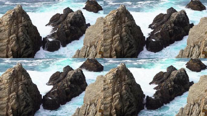 海岸大海边浪花海岛拍打石头礁石
