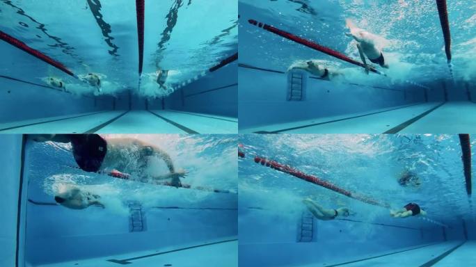 三名游泳运动员相互竞争。水下射击