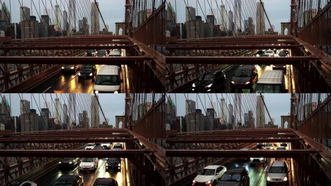 T/L曼哈顿城市天际线和布鲁克林大桥的交通
