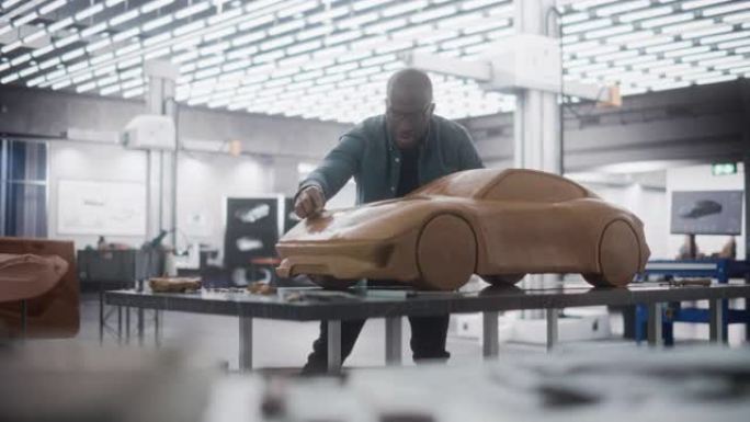 黑人汽车艺术家进入工作室，对概念车创作进行最后的笔触。非洲设计师正在研究新的原型，雕刻运动型双门轿跑