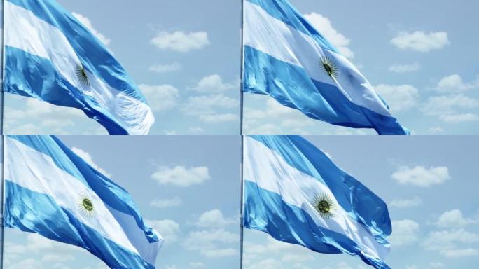 阿根廷国旗在蓝天下飘扬，随风飘扬。
